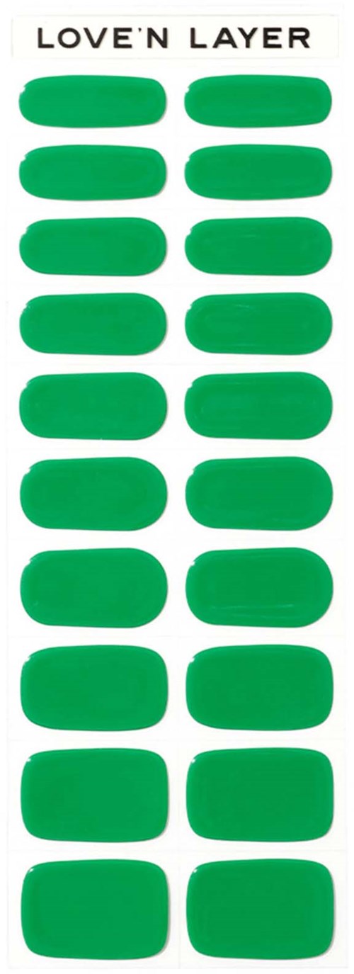 Green oval stickers labeled "LOVE'N LAYER" are arranged in two columns.