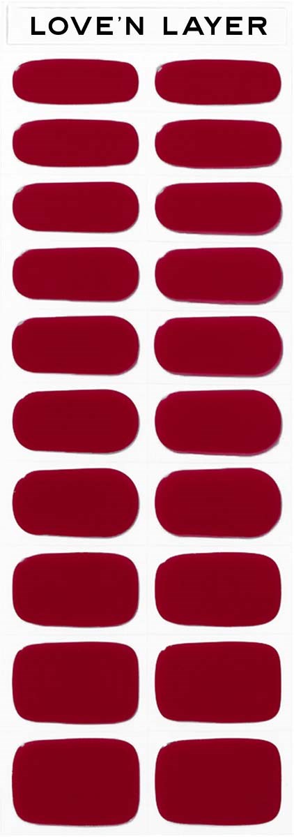 Aufklebersheet mit mehreren roten Nagellackfarbmustern, Beschriftung 'LOVE'N LAYER' oben.