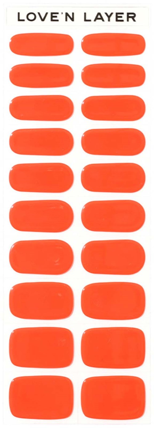 A sheet of orange love'n layer nail stickers with 20 oval shapes arranged in two columns.