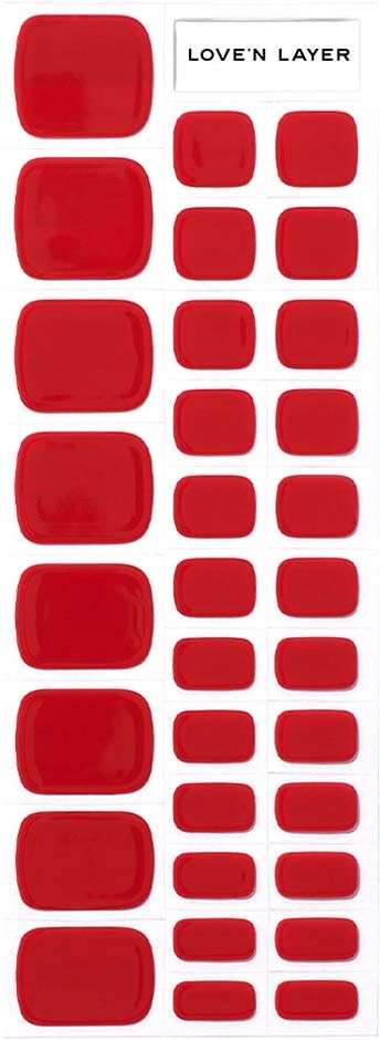 Een set rode vierkante en afgeronde stickers op een witte achtergrond, met "LOVE'N LAYER" bovenaan.