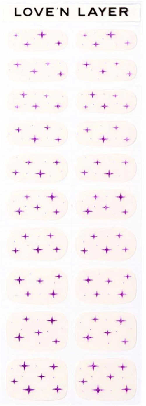 Small stickers with purple stars and the words 'LOVE' and 'LAYER' on a white background.