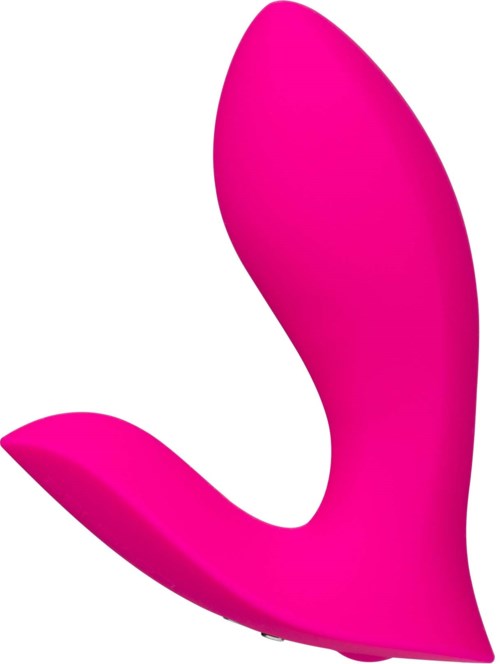 En rosa, bøjet, håndholdt enhed med glat overflade. Den ligner en massage- eller vibrator.