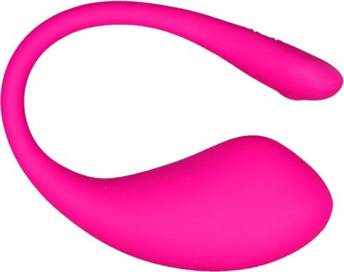 Een roze, flexibele, gebogen voorwerp met een afgeronde rand en een kleinere, bolvormige punt.