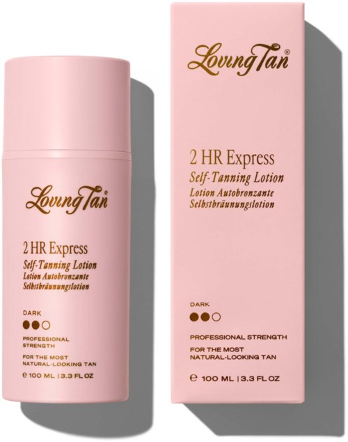 Pink bottle and box for Loving Tan self-tanning lotion. The label says 2 HR Express, dark shade, professional strength.