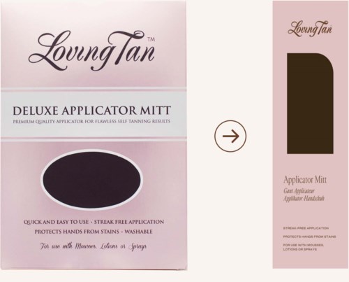 Loving Tan logo, tuotteen nimi, levitys käsine, yksinkertainen muotoilu, vaaleanpunainen ja tummanruskea värit, helppokäyttöisyys.