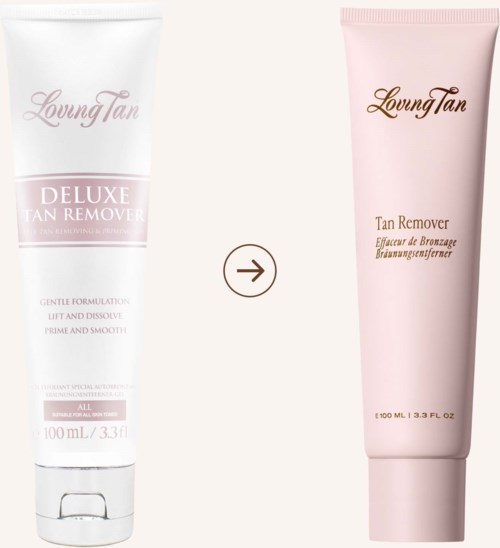 Kaksi rusketuotepakkia, toinen 'Deluxe Tan Remover' ja toinen 'Tan Remover', viittaavat hoitoon tai poistoon itseruskettavasta.