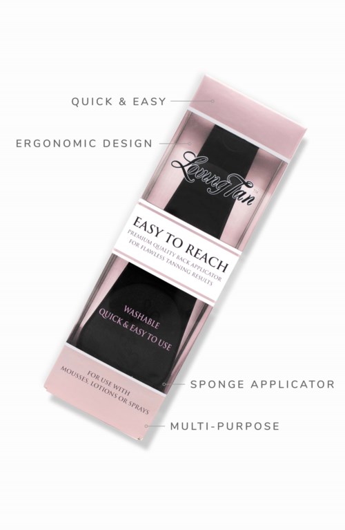 En lyserød æske viser et makeupprodukt med egenskaber som hurtig, nem, ergonomisk, vaskbar og flerbrugs sponge-applikator.