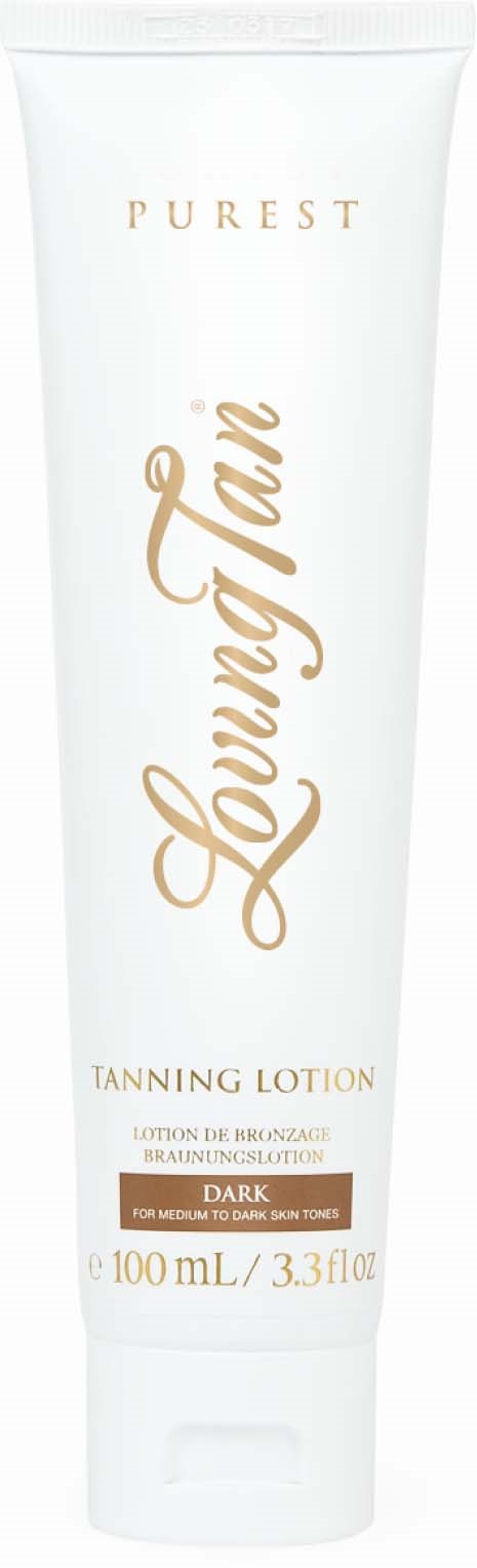 Hvid tube med guld- og brunt skole, kaldet 'Purest' og mørk tanning lotion.