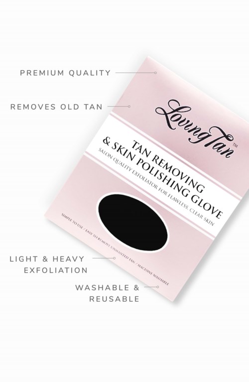 Packaging of a glove for removing tan and polishing skin, emphasizing quality, effectiveness, and reusability.