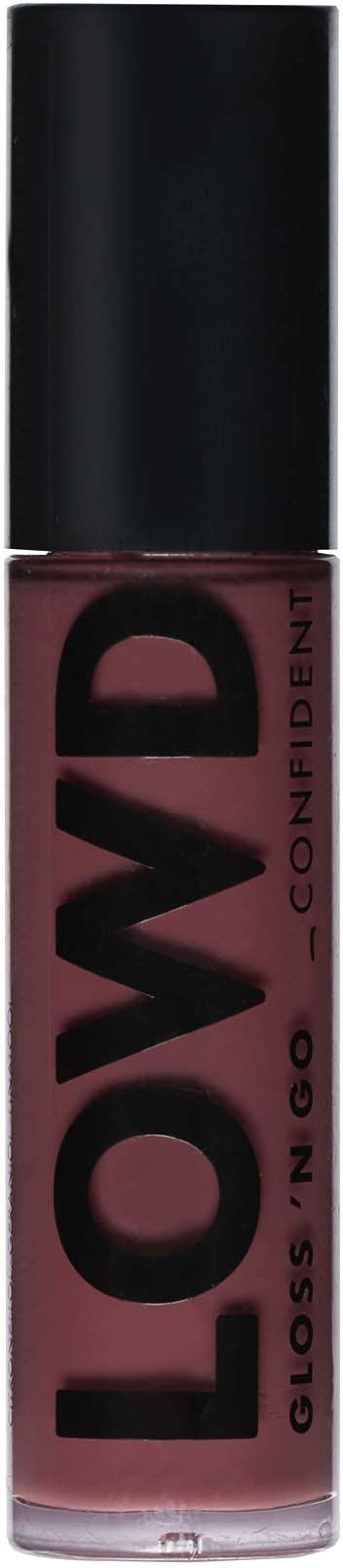 En läppglansrör med svart lock, märkt 'LOWD GLOSS INGO - CONFIDENT' i fet stil.