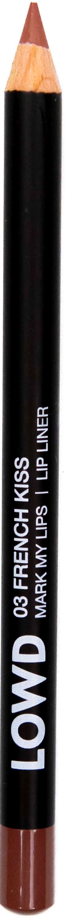 En svart läppennål med en brun spets och vitt text som lyder "LOVVD 03 FRENCH KISS" och "MARK MY LIPS LIP LINER."