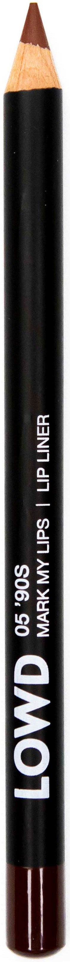 Kynä, jossa musta ja punainen runko ja teksti "LOWD MARKS LIP LINER".