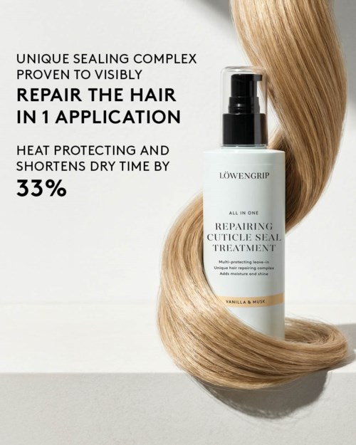 Löwengrip reparationshårserum i en vit flaska med svart pump, visar långt, glänsande blont hår.
