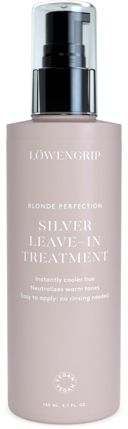 En ljuslila flaska med en svart och silver pump märkt 'Silver Leave-In Treatment' av Lowengrip för blont hår.