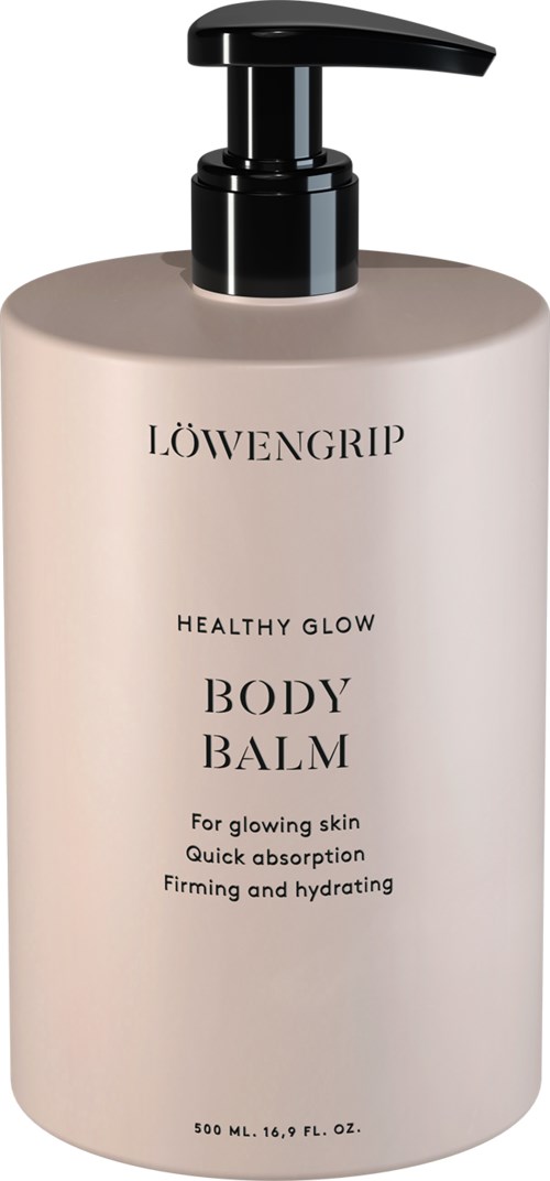 En beige kroppssalvbörs med svart pump, märkt 'LÖWENGRIP HEALTHY GLOW BODY BALM'.
