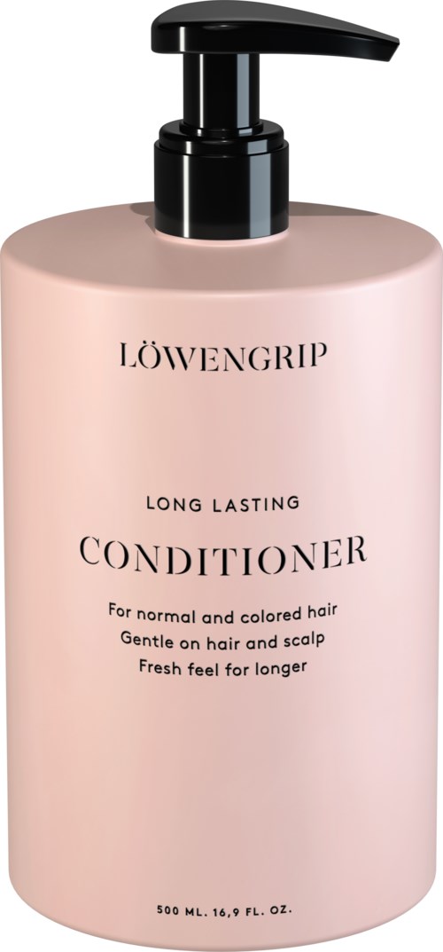 En rosa flaska med svart pump märkt 'LÖWENGRIP Conditioner' för långvarigt hårvård. Innehåller 500 ml.