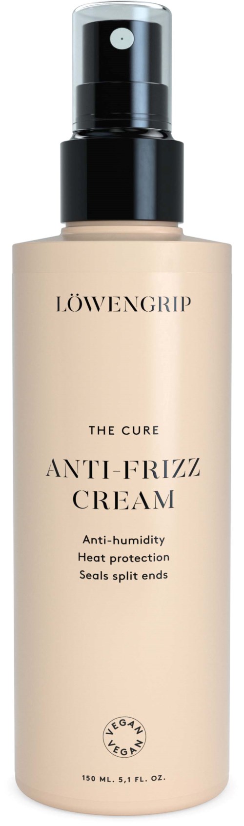 En beige flaske med sort pumpe mærket 'LÖWENGRIP THE CURE ANTI-FRIZZ CREAM' til glat hår.
