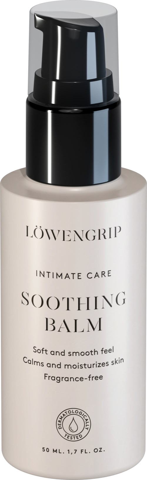 En vit flaska med svart pump märkt 'LÖWENGRIP Soothing Balm' för hudvård, lugnande och återfuktande hud.