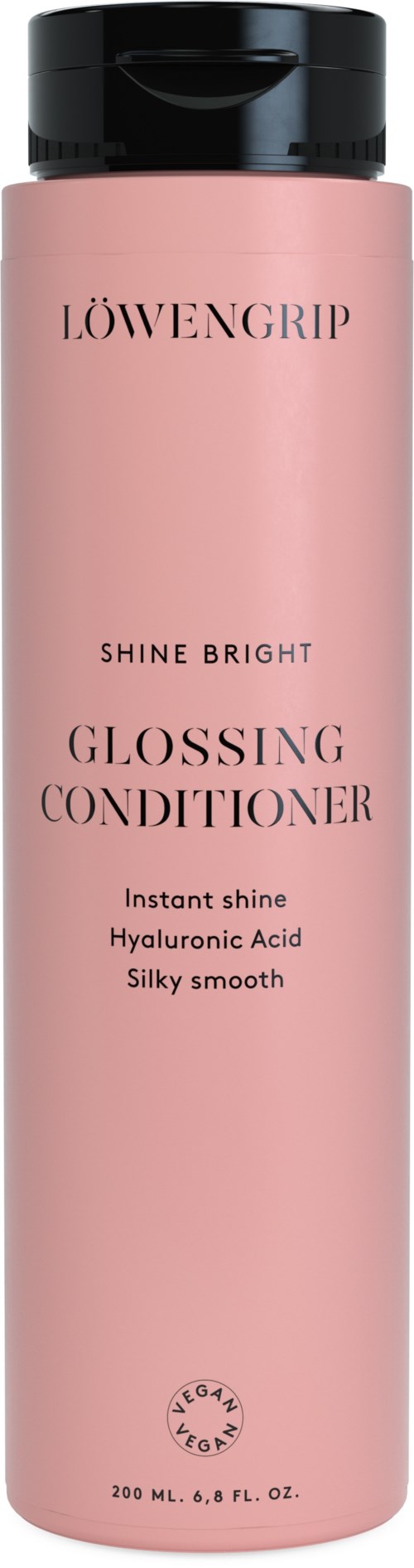 Pink flaske med sort låg, mærket 'LÖWENGRIP' og 'GLOSSING CONDITIONER', der fremmer glans, glathed og hyaluronsyre til hår.