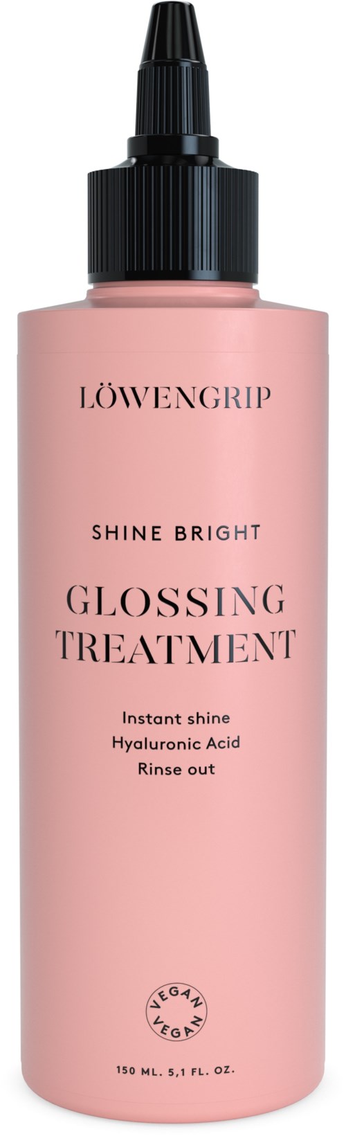 En rosa flaske med svart pumpe, merket "LO•WENGRIP" og "GLOSSING TREATMENT" for skinnende, lyst hår.