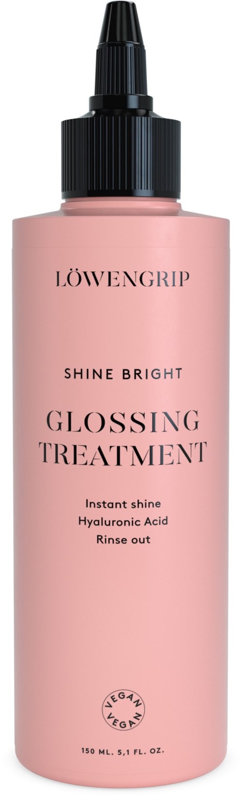 Różowa butelka z czarnym dozownikiem, oznaczona "Löwengrip Shine Bright Glossing Treatment" do pielęgnacji włosów.