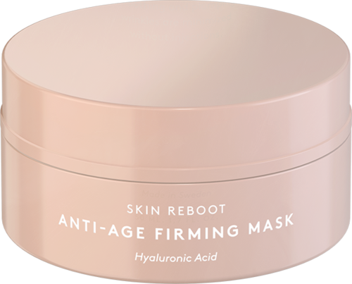 En rund, rosa beholder for et hudpleieprodukt kalt Anti-Age Firming Mask med hyaluronsyre.