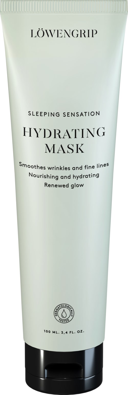 En vit tub med svart lock, märkt "LÖWENGRIP" och "HYDRATING MASK" för hudvård, med tilläggsbeskrivning och logo.