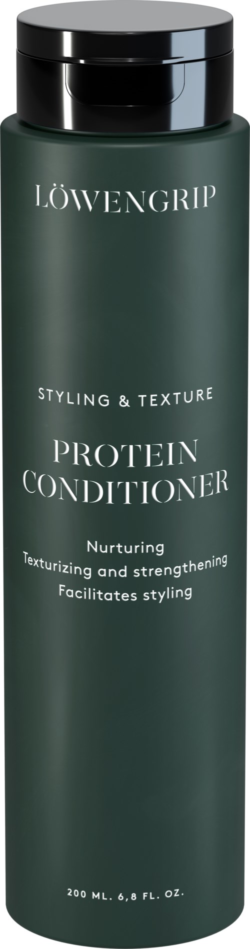En grön flaska med svart lock, märkt 'LÖWENGRIP Protein Conditioner' för hårvård.