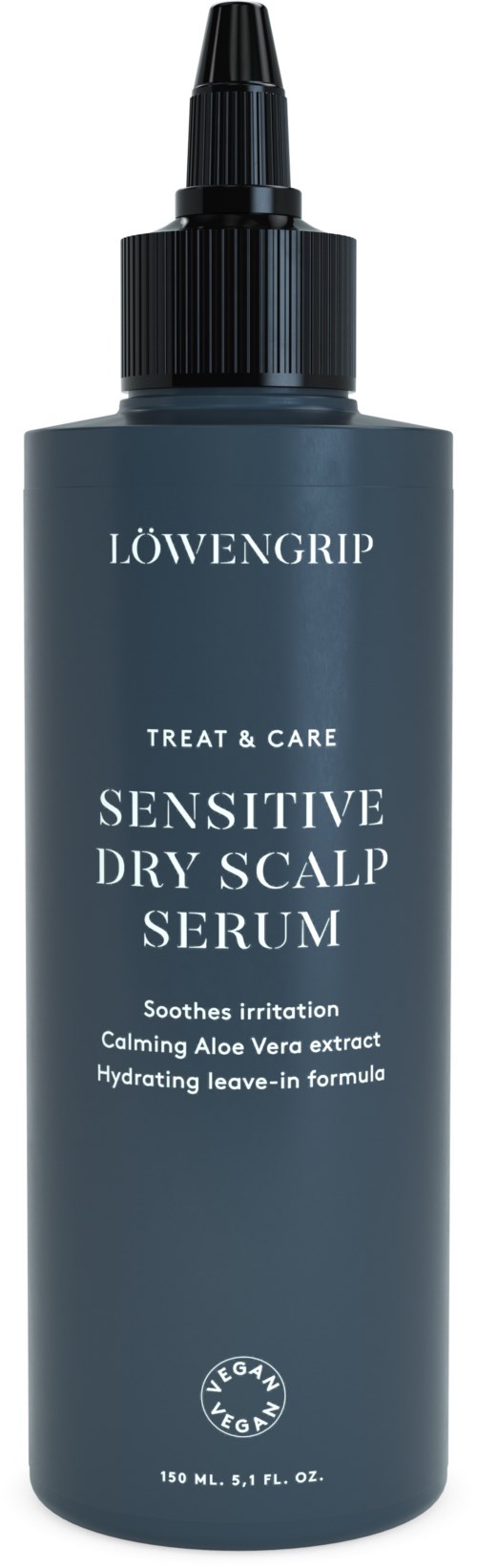 Mørk grå flaske med svart spraybeslag, merket 'LÖWENGRIP Sensitive Dry Scalp Serum', for hodebunnsbehandling.