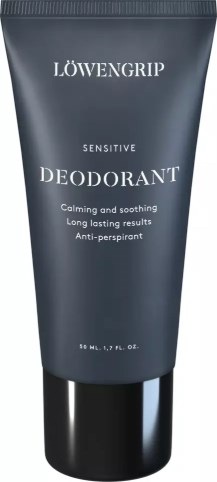 Grå rørbeholder med hvid tekst, der siger Lowengrip Sensitive Deodorant til beroligende, langvarig duft, antiperspirant.