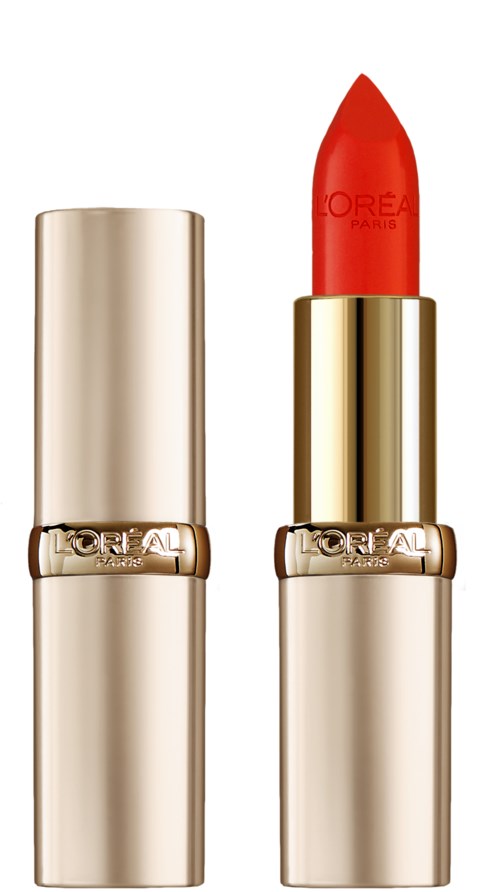 Ein roter Lippenstift in einer Goldhülse, teilweise geöffnet, mit sichtbar Lippenstift.