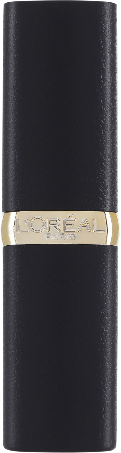 Czarne prostokątne opakowanie szminki z beżową opaską na środku i napisem 'L'Oreal'.