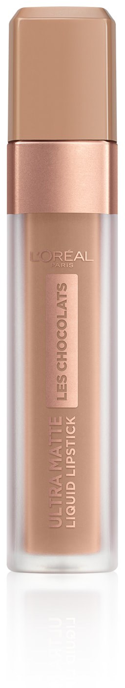 En beige flytande läppstiftstub med en tydlig kropp och en beige lock.