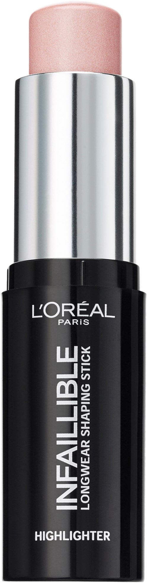 En svart tub med en rosa pinne. Det är en highlighter från L'Oréal Paris. Enkel design, används för make-up.