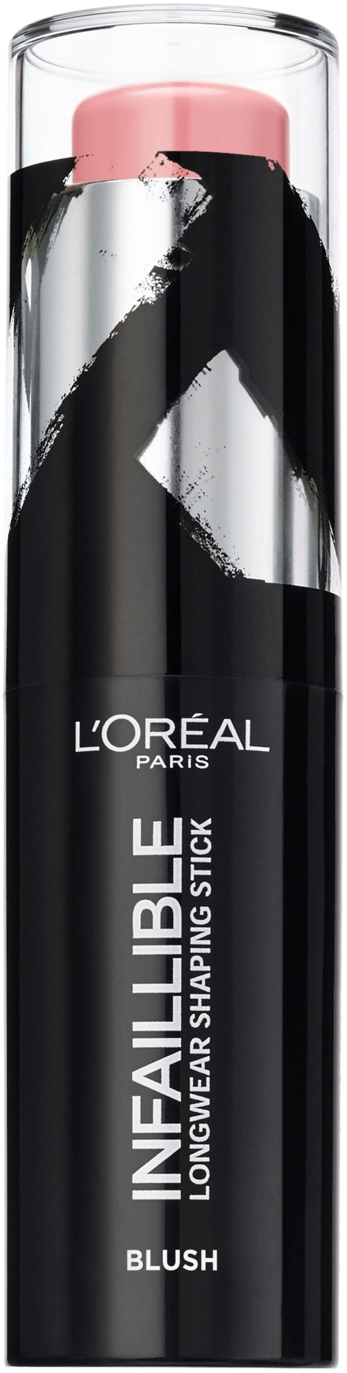 En svart och rosa deodorantstift med vit text, märkt L'Oréal Infallible Longwear Shaping Stick Blush.