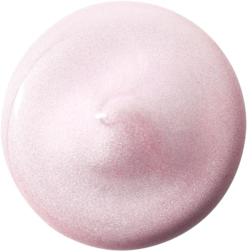 En mjuk rosa, rund sak med en liten glansig fläck i mitten och glittrar över hela.