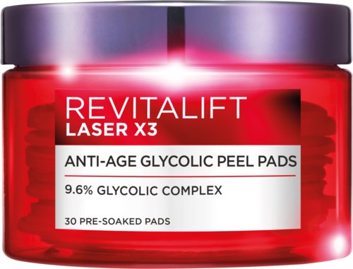 Röd burk med lila lock, märkt 'Revitalift Laser X3' anti-age glycolic peel pads, 30 förfuktade pads, glycolic complex.