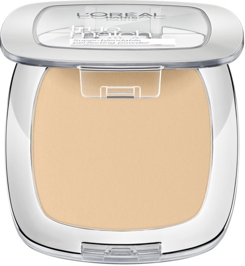 Kompakti beigenvärinen jauhe hopeisessa ja kirkkaassa muovilähteessä, jossa peili. Tuotemerkki on L'Oréal.