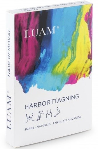 Förpackning med färgglad abstrakt design, text och symboler som visar att det är för hårborttagning. Enkel och lätt att använda.