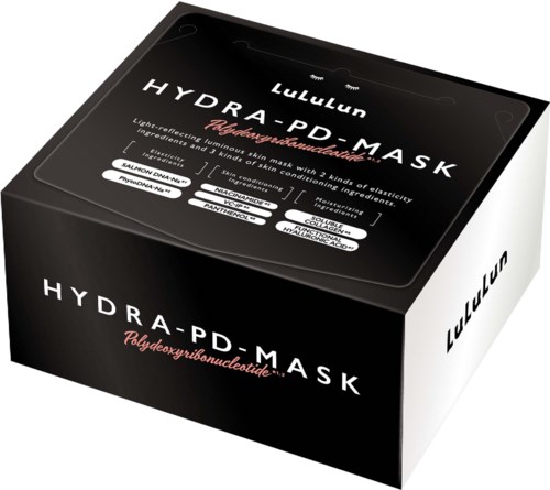 Doos van LuLuLun Hydra-PD Mask voor huidverzorging, zwarte verpakking met witte en roze tekst.