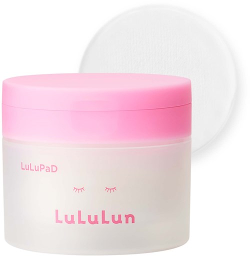 A round container with a pink lid, labeled 'LuluLun' and decorated with closed eyelash drawings.