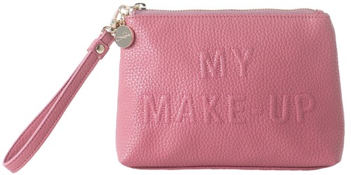 Liten rosa veske med handlerem, preget med ordene "MY MAKE-UP".