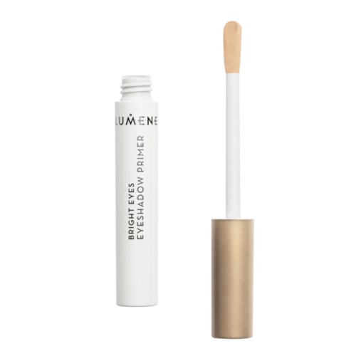En vit tub märkt Lumene Bright Eyes Eye Shadow Primer med guldig mössing, applicator för makeup.