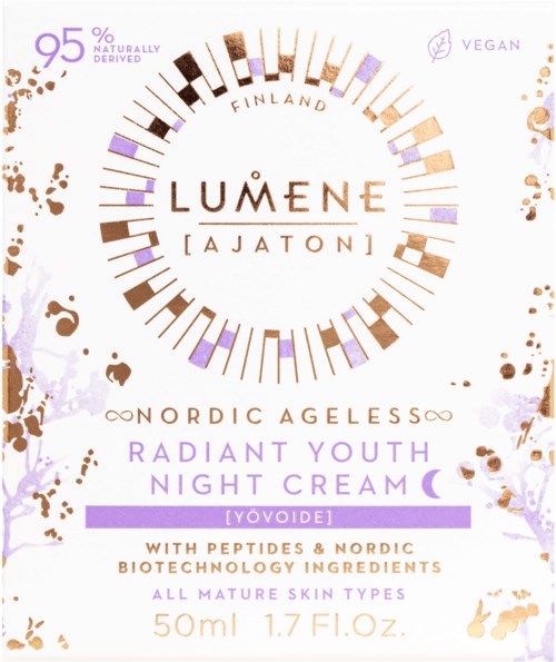 Ett skönhetsproduktetikett som lyfter fram naturliga ingredienser, veganskt, lämpligt för alla hudtyper, 50 ml storlek, ljuslila och gyllene design.