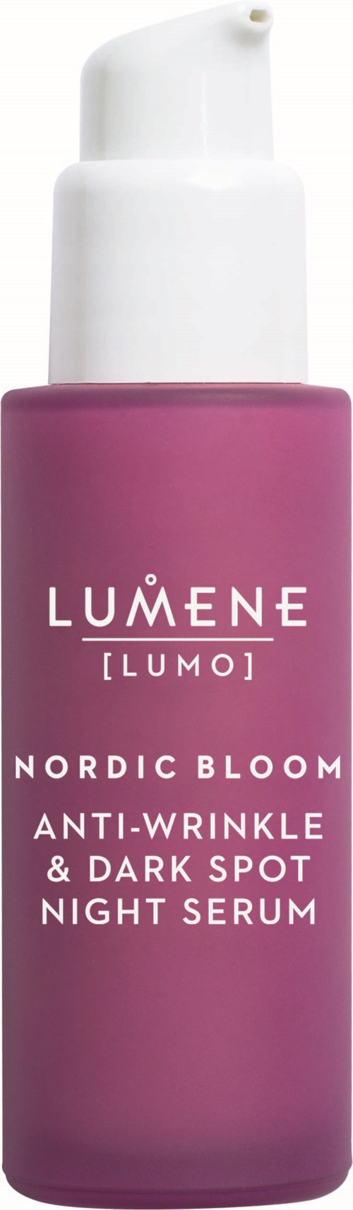 En rosa flaske med hvit pumpe merket Lumene Nordic Bloom Night Serum for mørke flekker og rynker.