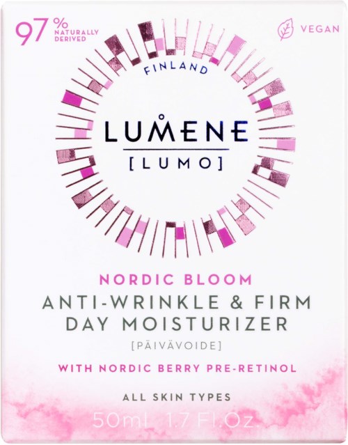 Lumene Nordics Bloom kosteustuotteessa on marja ja retinoli, sopii kaikille ihotyypeille.