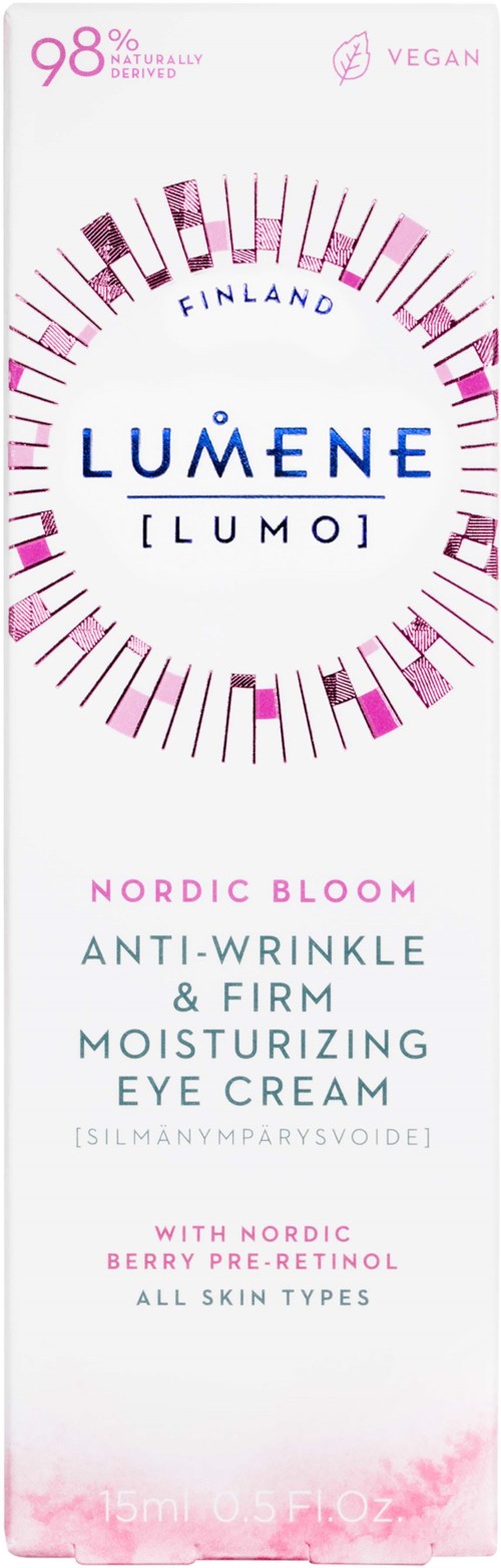 Förpackningen är lång och vit med rosa och blå text som beskriver ögonkräm med anti-åldrande och återfuktande egenskaper.