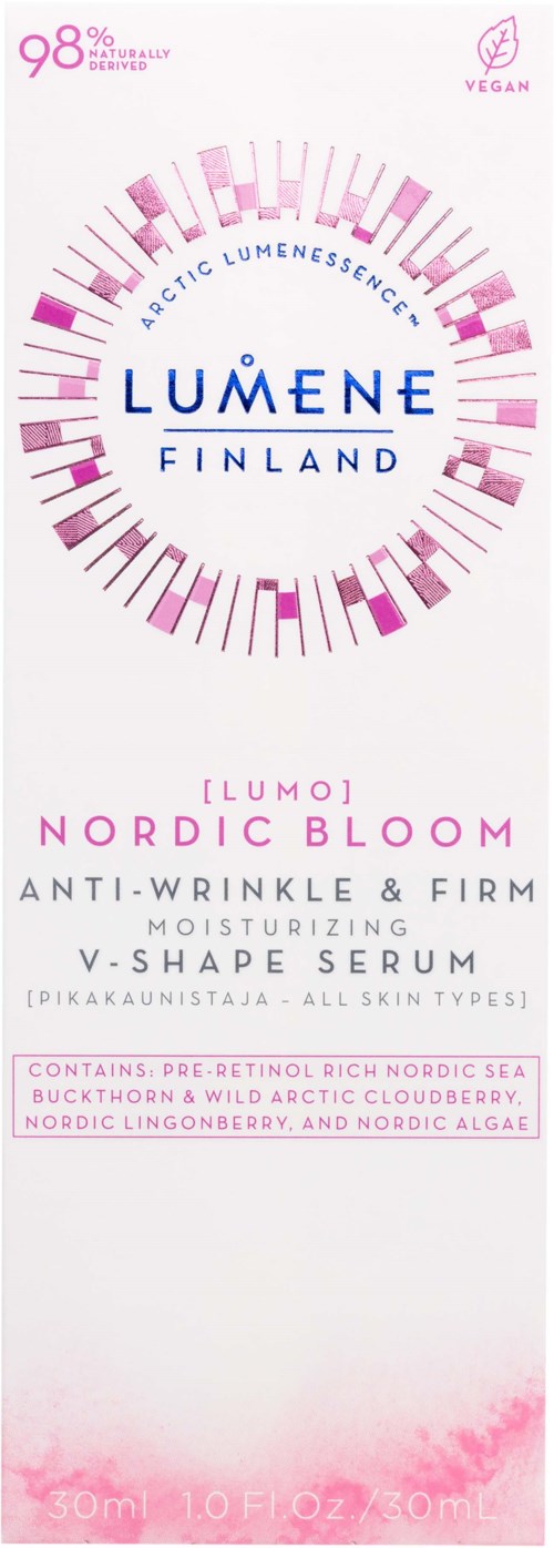 LUMENE Finland Nordic Bloom serum bekæmper rynker, strammer huden og fugter med nordiske ingredienser og alger.