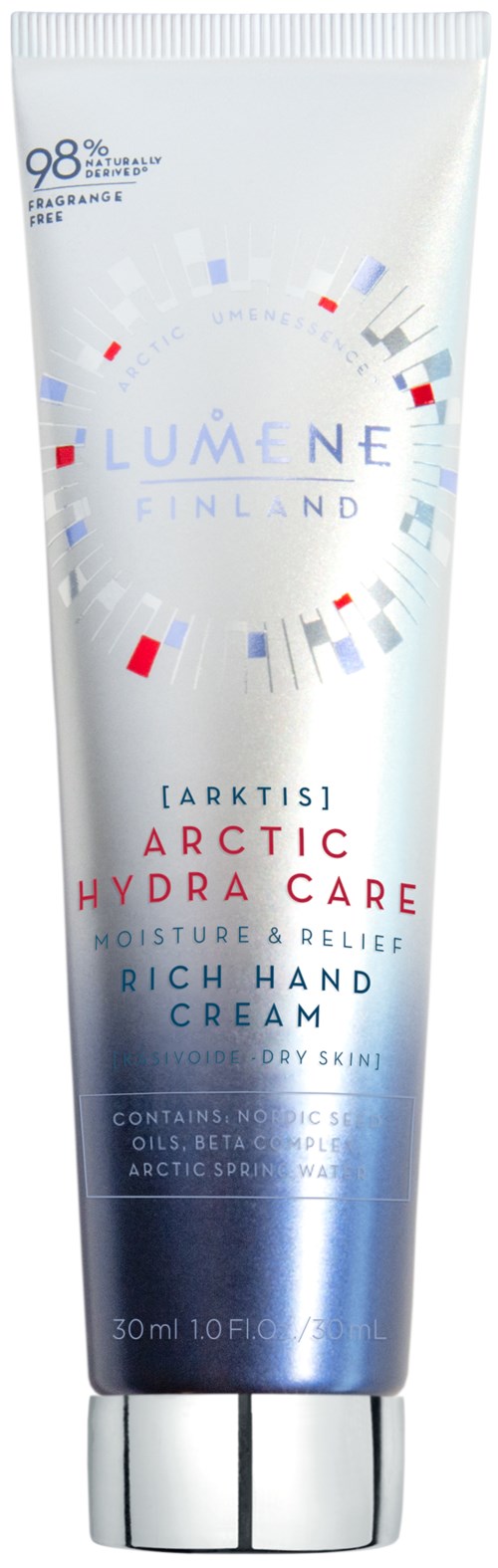 En tub märkt 'Lumene Finland Arctic Hydra Care Rich Hand Cream' som ger fukt för torr hud.