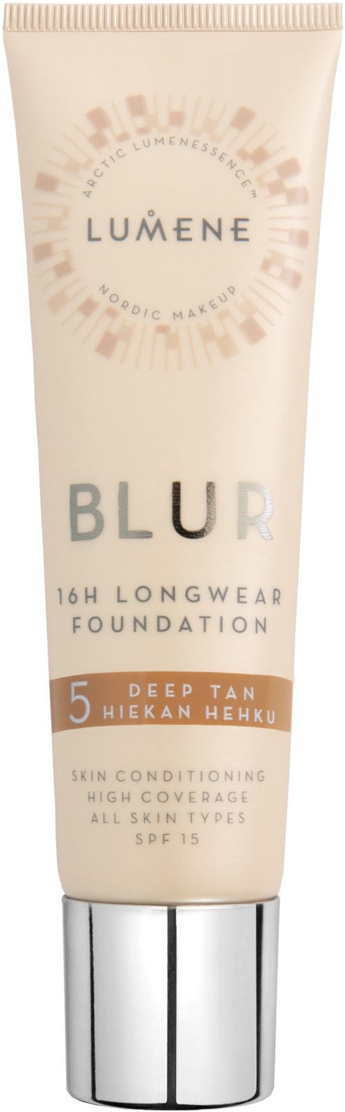 A tube of Lumene Blur foundation for deep tan skin, SPF 15, long wear, high coverage, and skin conditioning.